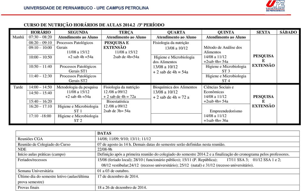 PSQUISA Fisiologia da nutrição 09:10 10:00 Gerais XTNSÃO Método de Análise dos Alimentos 10:00 10:50 +2 sab 4h =54a 2sab de 4h=54a Higiene e Microbiologia 14/08 a 11/12 PSQUISA dos Alimentos +2sab