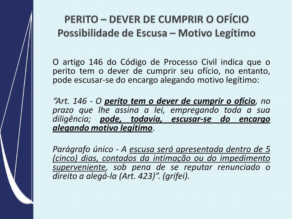 146 - O perito tem o dever de cumprir o ofício, no prazo que lhe assina a lei, empregando toda a sua diligência; pode, todavia,