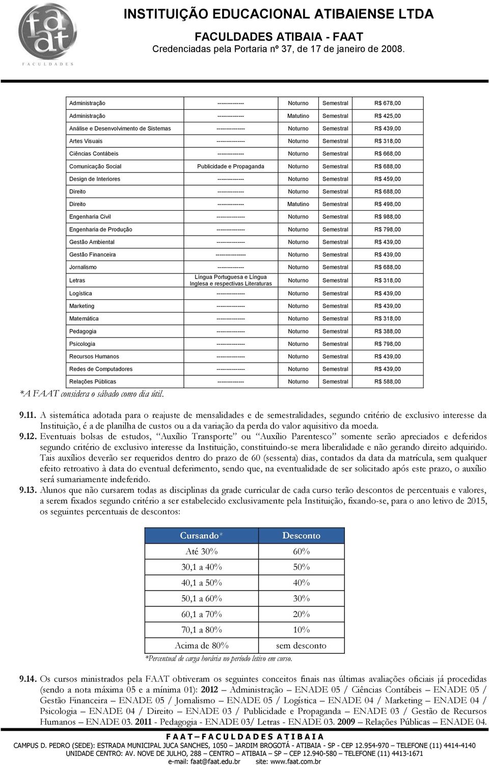 de Interiores -------------- Noturno Semestral R$ 459,00 Direito -------------- Noturno Semestral R$ 688,00 Direito -------------- Matutino Semestral R$ 498,00 Engenharia Civil ---------------