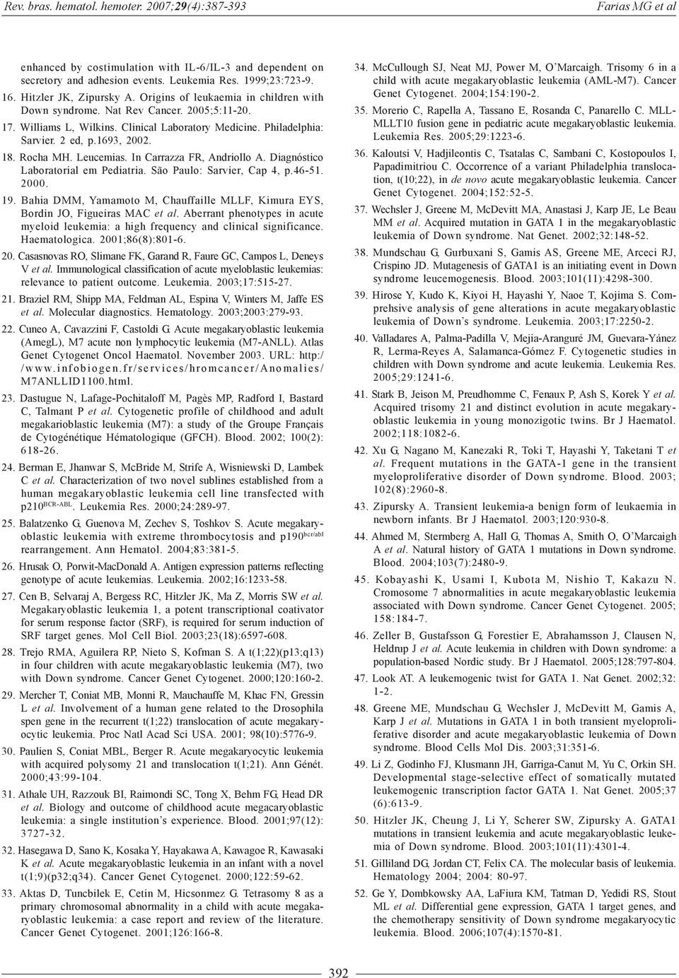 1693, 2002. 18. Rocha MH. Leucemias. In Carrazza FR, Andriollo A. Diagnóstico Laboratorial em Pediatria. São Paulo: Sarvier, Cap 4, p.46-51. 2000. 19.