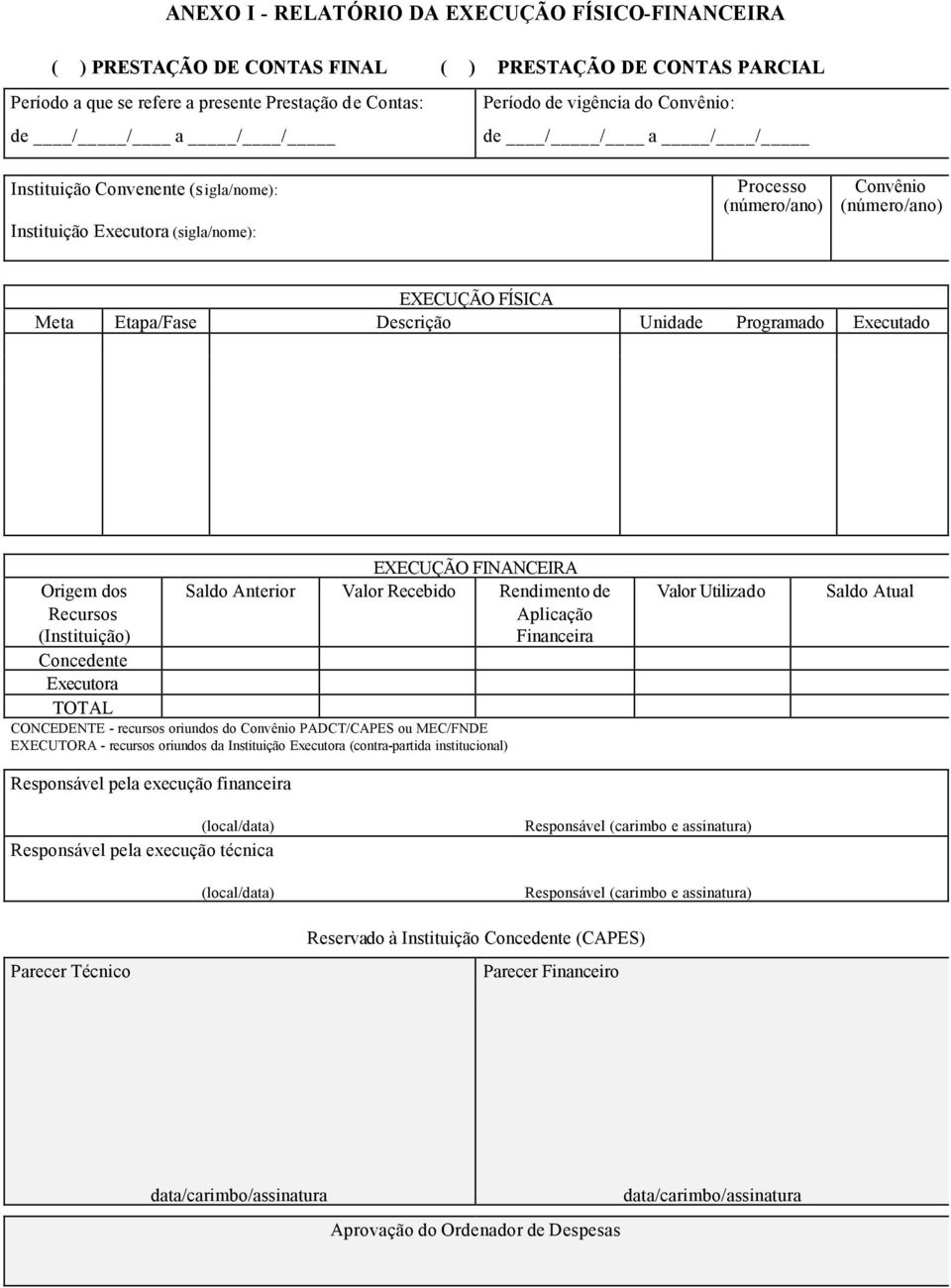 Origem dos Recursos (Instituição) EXECUÇÃO FINANCEIRA Saldo Anterior Valor Recebido Rendimento de Aplicação Financeira Concedente Executora TOTAL CONCEDENTE - recursos oriundos do Convênio