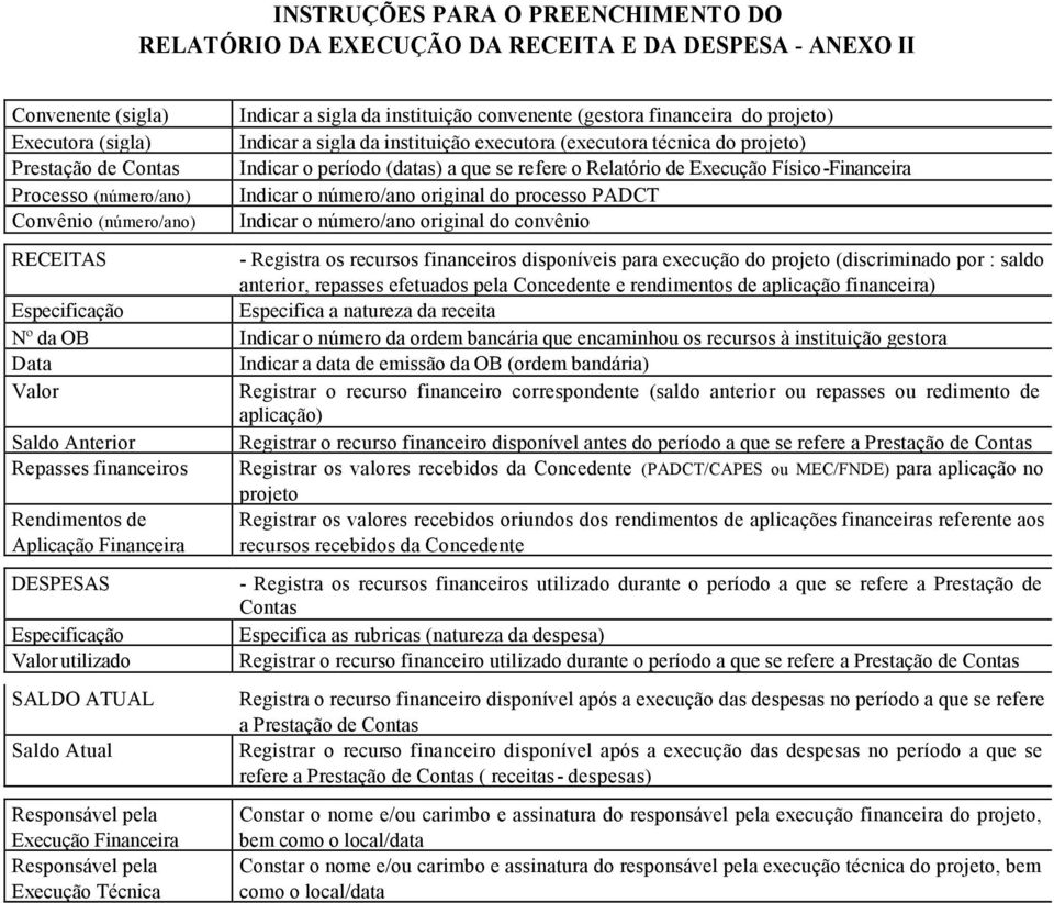 Indicar o número/ano original do processo PADCT Indicar o número/ano original do convênio RECEITAS - Registra os recursos financeiros disponíveis para execução do projeto (discriminado por : saldo