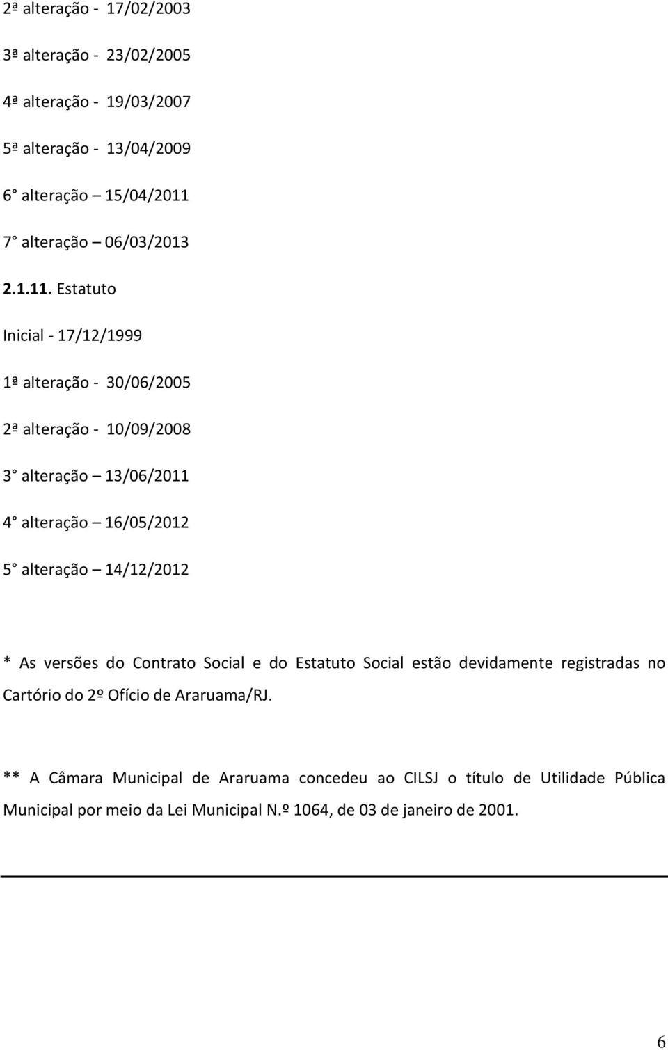 Estatuto Inicial - 17/12/1999 1ª alteração - 30/06/2005 2ª alteração - 10/09/2008 3 alteração 13/06/2011 4 alteração 16/05/2012 5 alteração