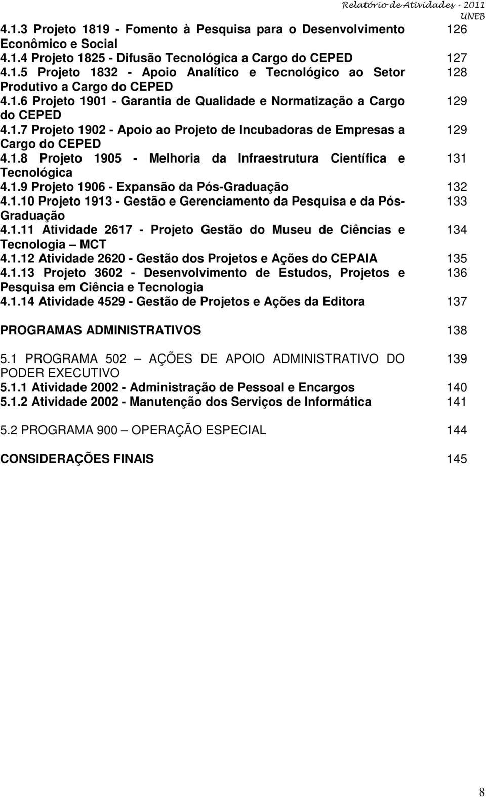 1.9 Projeto 1906 - Expansão da Pós-Graduação 132 4.1.10 Projeto 1913 - Gestão e Gerenciamento da Pesquisa e da Pós- 133 Graduação 4.1.11 Atividade 2617 - Projeto Gestão do Museu de Ciências e 134 Tecnologia MCT 4.