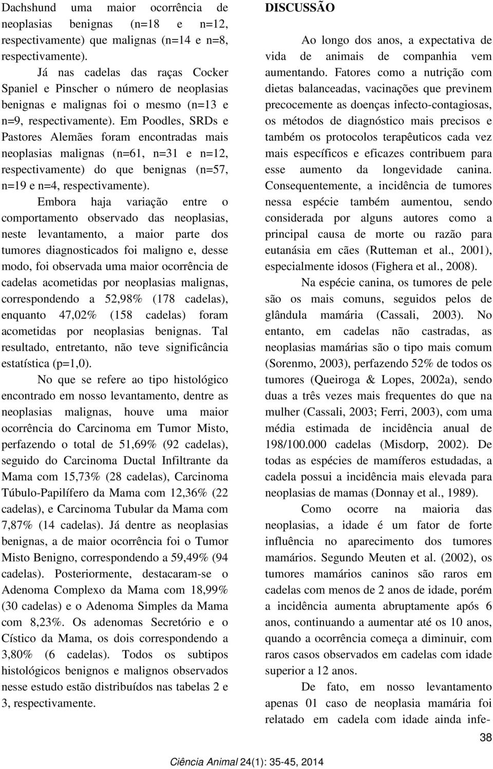 Em Poodles, SRDs e Pastores Alemães foram encontradas mais neoplasias malignas (n=61, n=31 e n=12, respectivamente) do que benignas (n=57, n=19 e n=4, respectivamente).