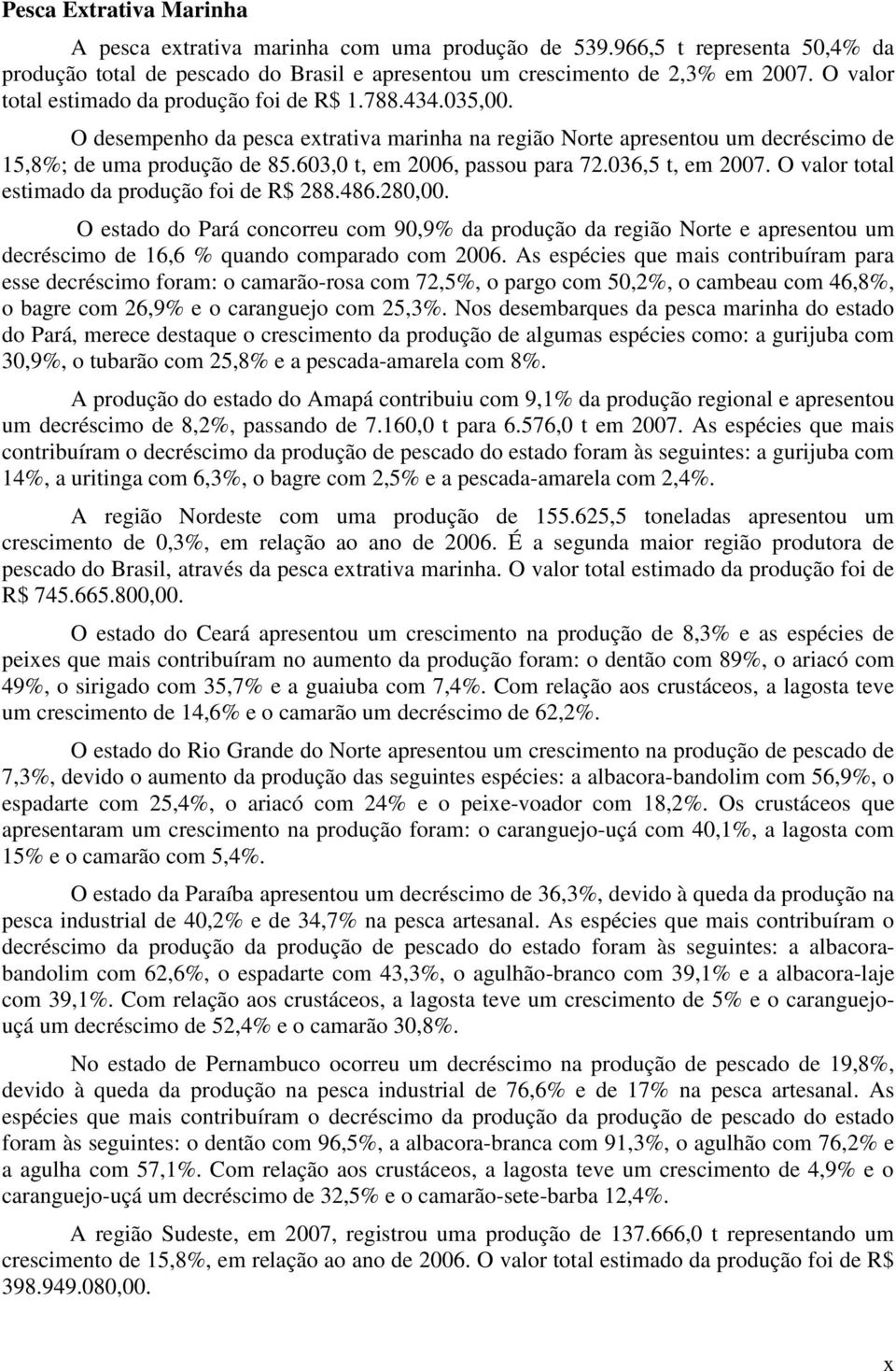 603,0 t, em 2006, passou para 72.036,5 t, em 2007. O valor total estimado da produção foi de R$ 288.486.280,00.