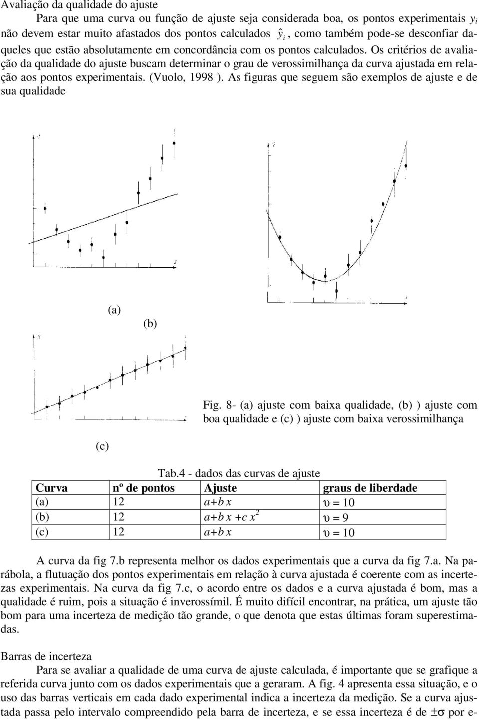 Os critérios de avaliação da qualidade do ajuste buscam determiar o grau de verossimilhaça da curva ajustada em relação aos potos experimetais. (Vuolo, 998 ).