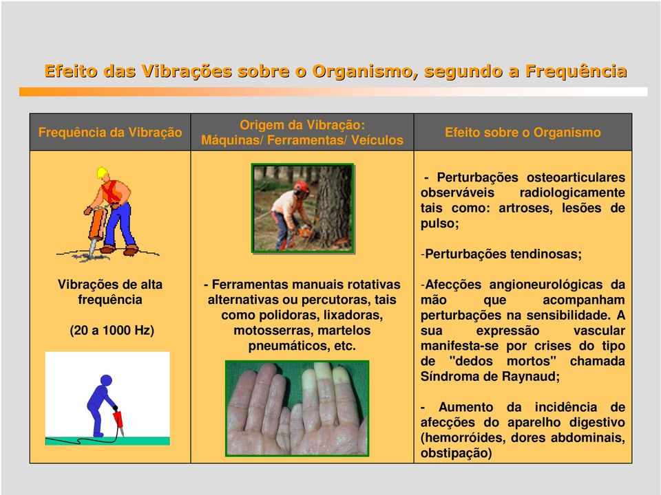 - Perturbações osteoarticulares observáveis radiologicamente tais como: artroses, lesões de pulso; -Perturbações tendinosas; -Afecções angioneurológicas da mão que acompanham