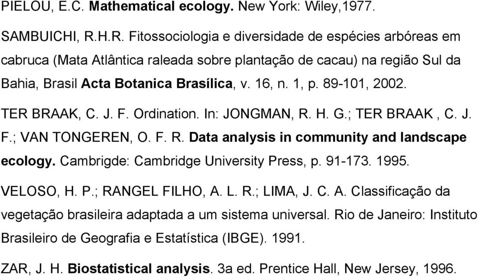 89-101, 2002. TER BRAAK, C. J. F. Ordination. In: JONGMAN, R. H. G.; TER BRAAK, C. J. F.; VAN TONGEREN, O. F. R. Data analysis in community and landscape ecology.