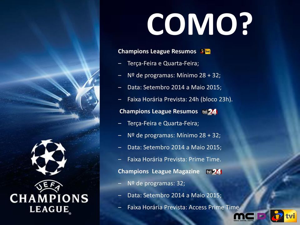 Champions League Resumos Terça-Feira e Quarta-Feira; Nº de programas: Mínimo 28 + 32; Data: Setembro 2014 a