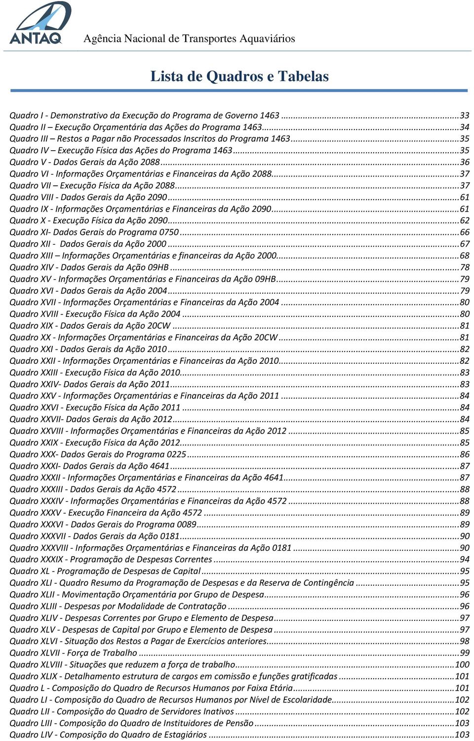 .. 36 Quadro VI - Informações Orçamentárias e Financeiras da Ação 2088... 37 Quadro VII Execução Física da Ação 2088... 37 Quadro VIII - Dados Gerais da Ação 2090.