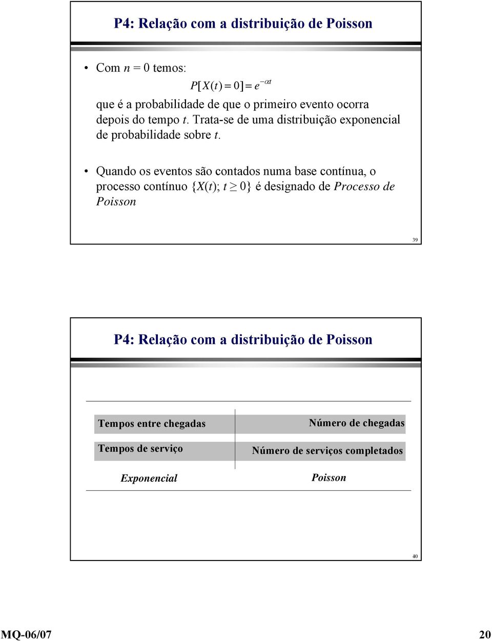 Quando os eventos são contados numa base contínua, o processo contínuo {X(t); t 0} é designado de Processo de Poisson 39 P4: