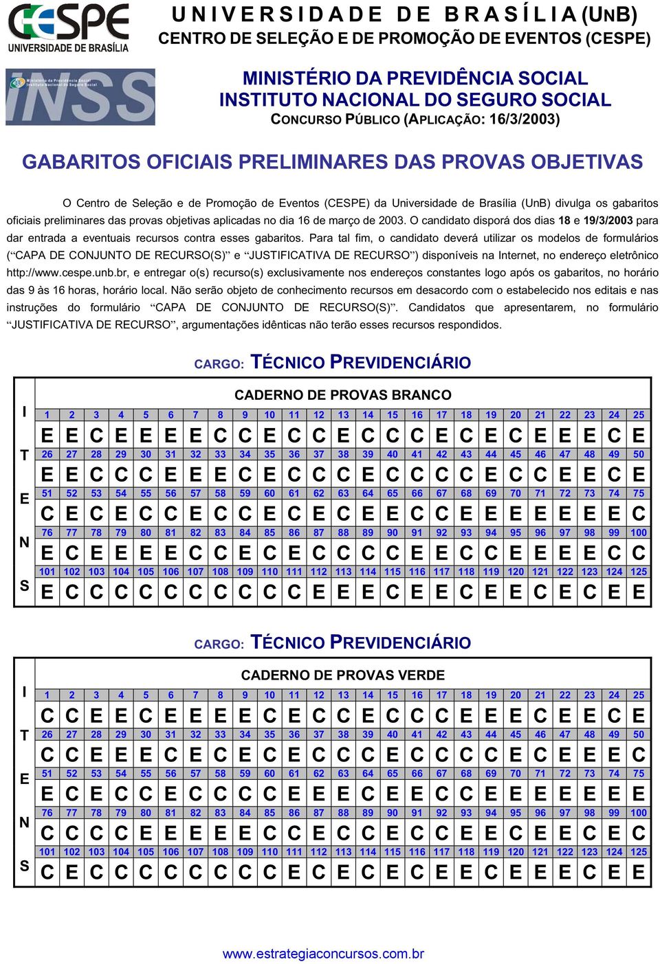 O candidato disporá dos dias 18 e 19/3/2003 para dar entrada a eventuais recursos contra esses gabaritos.