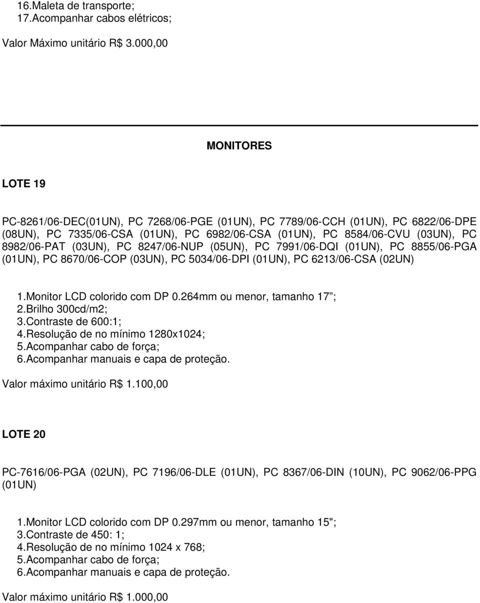 (03UN), PC 8247/06-NUP (05UN), PC 7991/06-DQI (01UN), PC 8855/06-PGA (01UN), PC 8670/06-COP (03UN), PC 5034/06-DPI (01UN), PC 6213/06-CSA (02UN) 1.Monitor LCD colorido com DP 0.