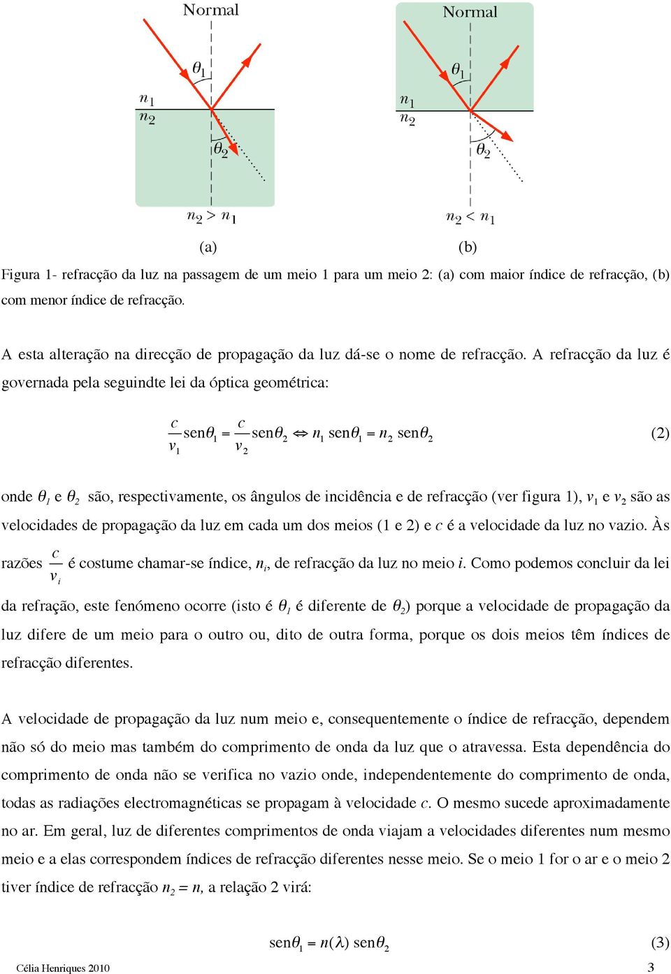 A refracção da luz é governada pela seguindte lei da óptica geométrica: c v 1 senθ 1 = c v 2 senθ 2 n 1 senθ 1 = n 2 senθ 2 (2) onde θ 1 e θ 2 são, respectivamente, os ângulos de incidência e de