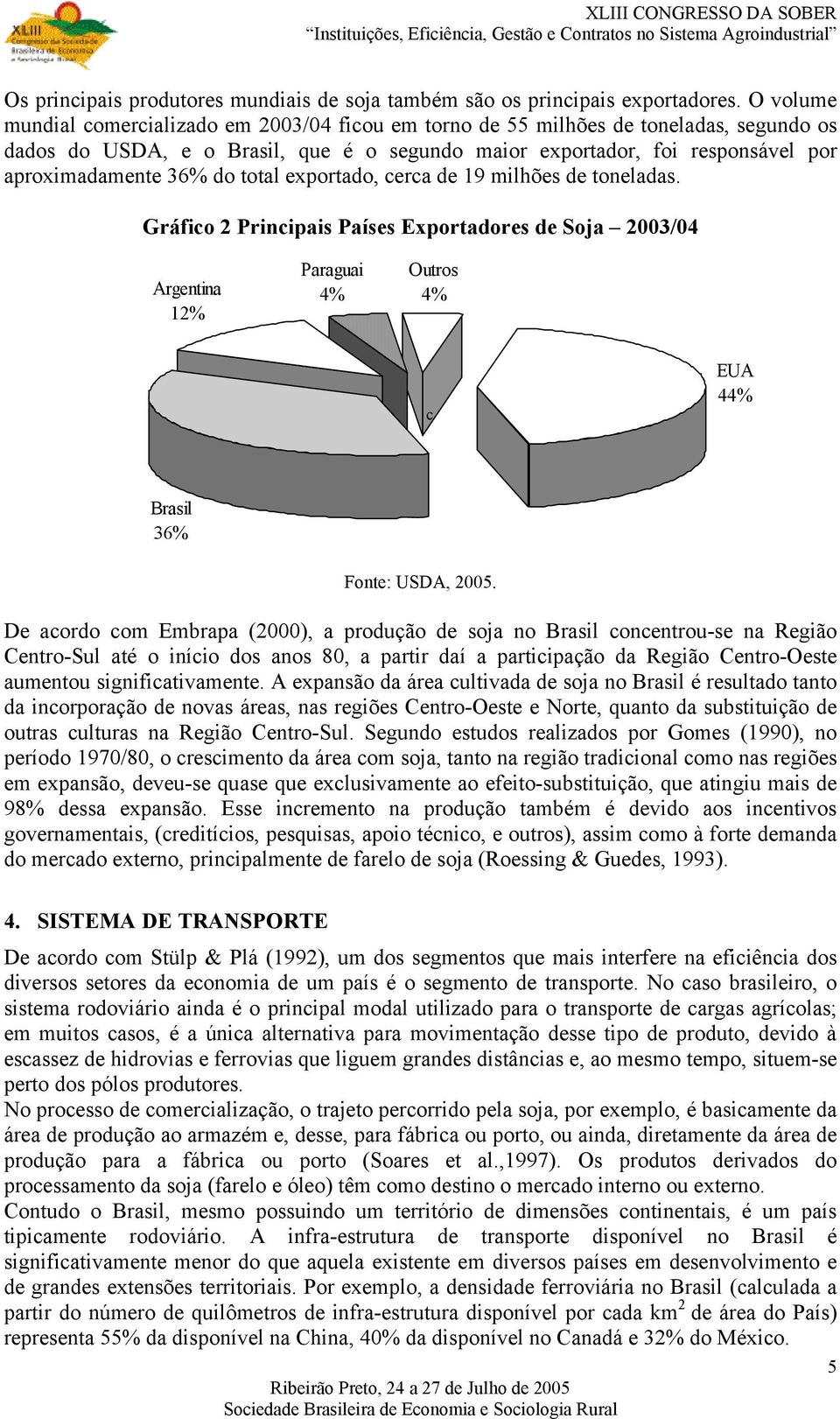 do total exportado, cerca de 19 milhões de toneladas. Gráfico 2 Principais Países Exportadores de Soja 2003/04 Argentina 12% Paraguai 4% Outros 4% c EUA 44% Brasil 36% Fonte: USDA, 2005.