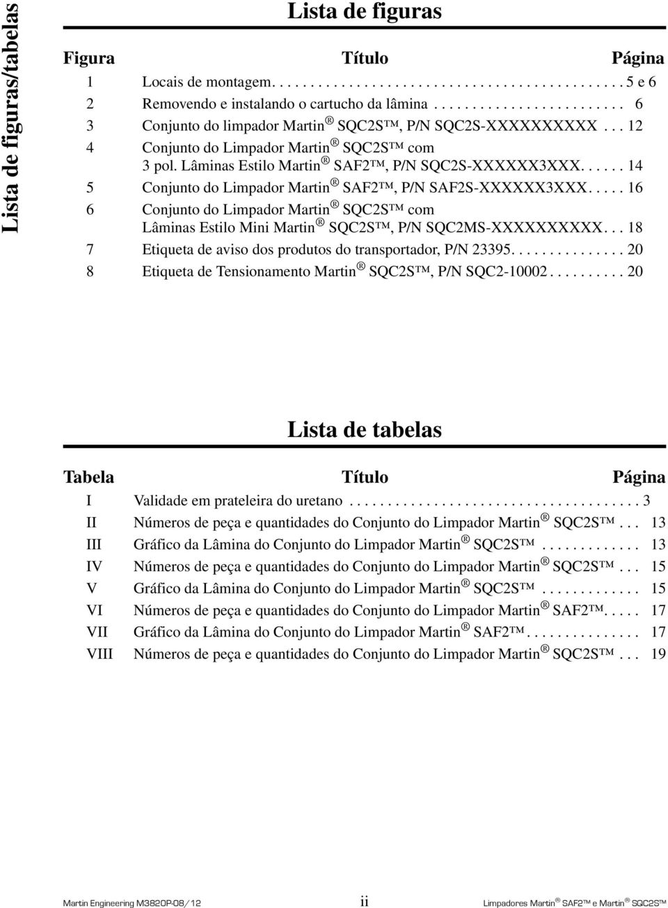 ..... 14 5 Conjunto do Limpador Martin SAF2, P/N SAF2S-XXXXXX3XXX..... 16 6 Conjunto do Limpador Martin SQC2S com Lâminas Estilo Mini Martin SQC2S, P/N SQC2MS-XXXXXXXXXX.