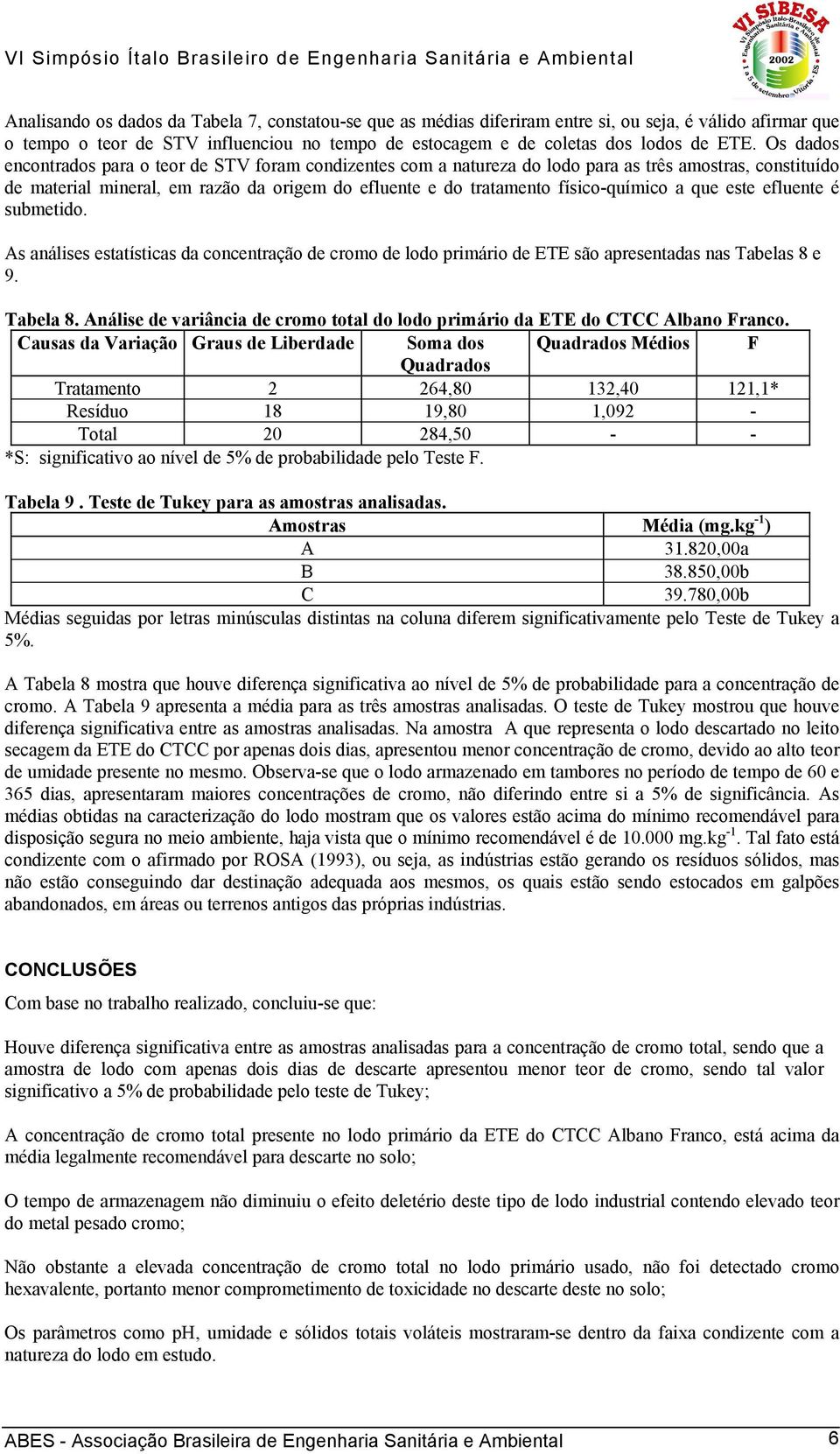 a que este efluente é submetido. As análises estatísticas da concentração de cromo de lodo primário de ETE são apresentadas nas Tabelas 8 e 9. Tabela 8.