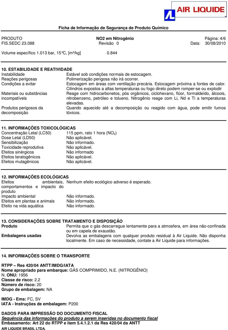 Cilindros expostos a altas temperaturas ou fogo direto podem romper-se ou explodir Materiais ou substâncias Reage com hidrocarbonetos, pós orgânicos, ciclohexano, flúor, formaldeído, álcoois,