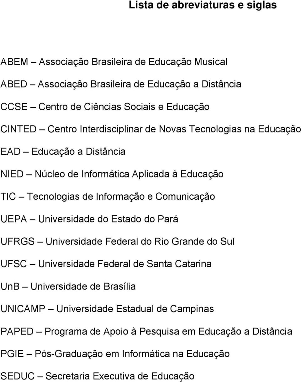 Comunicação UEPA Universidade do Estado do Pará UFRGS Universidade Federal do Rio Grande do Sul UFSC Universidade Federal de Santa Catarina UnB Universidade de Brasília