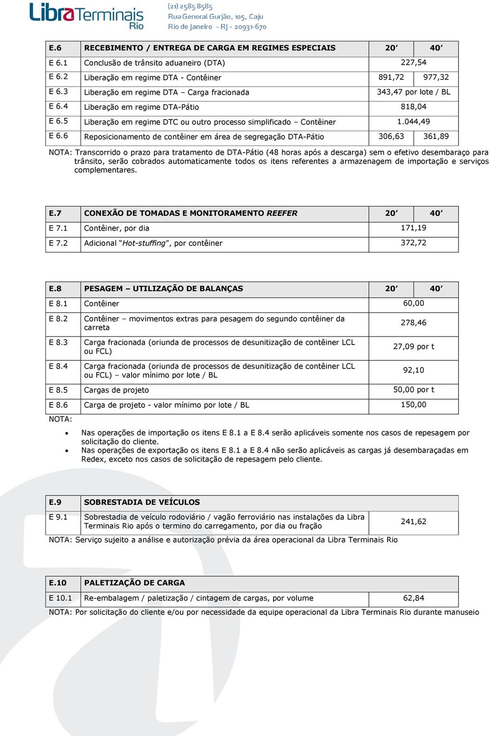 6 Reposicionamento de contêiner em área de segregação DTA-Pátio 306,63 361,89 NOTA: Transcorrido o prazo para tratamento de DTA-Pátio (48 horas após a descarga) sem o efetivo desembaraço para