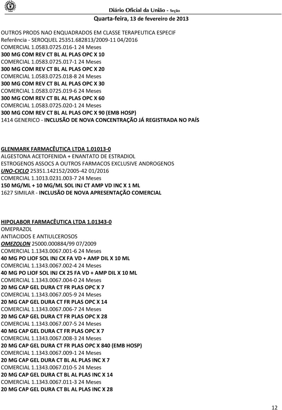 0583.0725.020-1 24 Meses 300 MG COM REV CT BL AL PLAS OPC X 90 (EMB HOSP) 1414 GENERICO - INCLUSÃO DE NOVA CONCENTRAÇÃO JÁ REGISTRADA NO PAÍS GLENMARK FARMACÊUTICA LTDA 1.