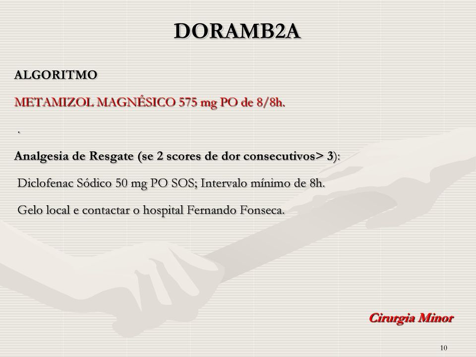 Diclofenac Sódico 50 mg PO SOS; Intervalo mínimo de 8h.