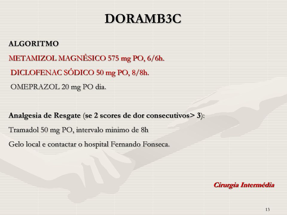 Analgesia de Resgate (se 2 scores de dor consecutivos> 3): Tramadol 50