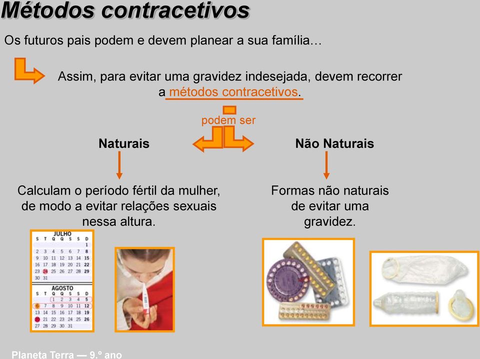 podem ser Naturais Não Naturais Calculam o período fértil da mulher, de modo a