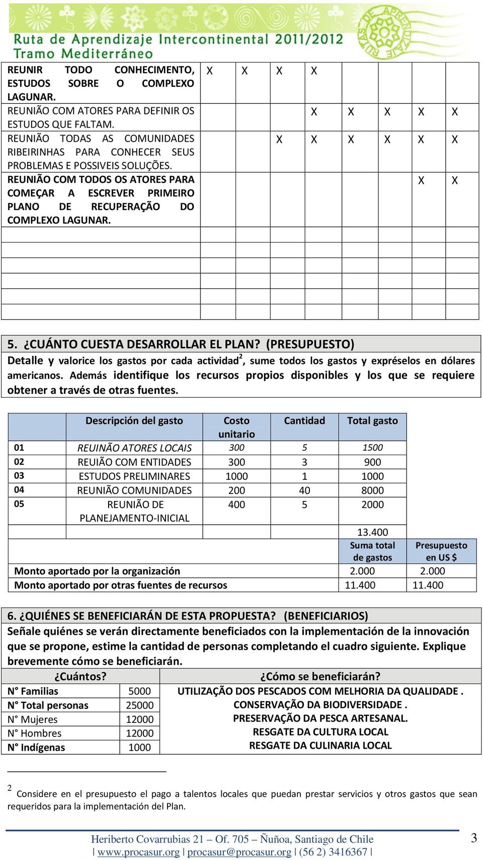 X X X X X X X X X X X X X X X X X 5. CUÁNTO CUESTA DESARROLLAR EL PLAN? (PRESUPUESTO) Detalle y valorice los gastos por cada actividad 2, sume todos los gastos y expréselos en dólares americanos.