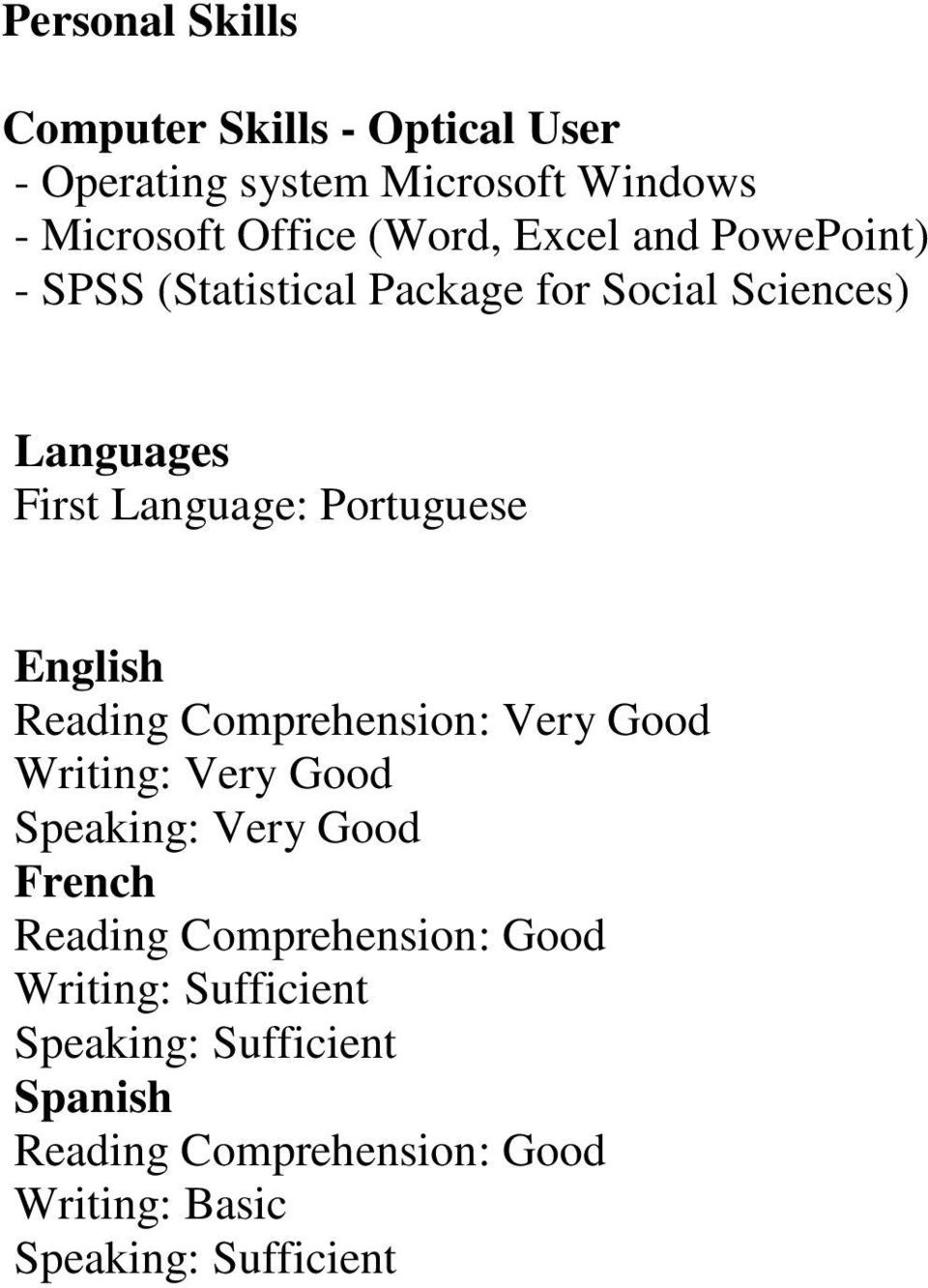 English Reading Comprehension: Very Good Writing: Very Good Speaking: Very Good French Reading Comprehension: