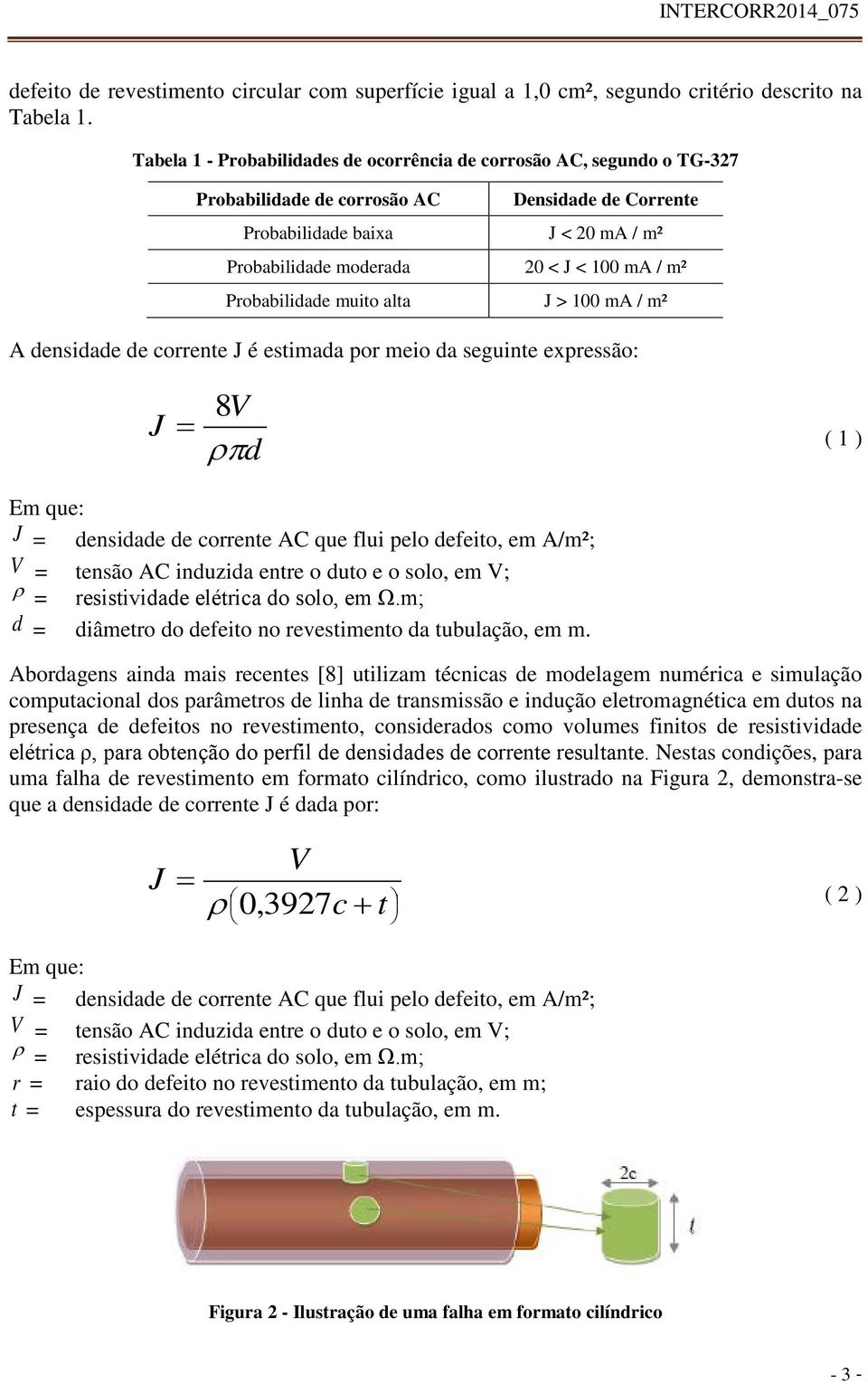 m² Probabilidade muito alta J > 100 ma / m² A densidade de corrente J é estimada por meio da seguinte expressão: J 8V ρπd = ( 1 ) Em que: J = densidade de corrente AC que flui pelo defeito, em A/m²;