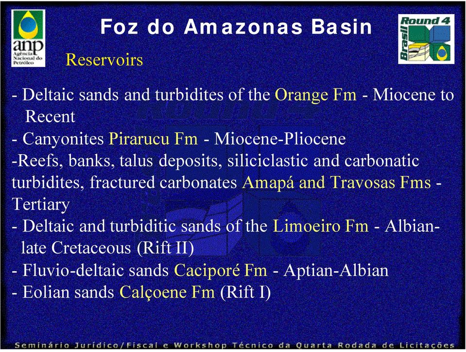 carbonates Amapá and Travosas Fms - Tertiary - Deltaic and turbiditic sands of the Limoeiro Fm -