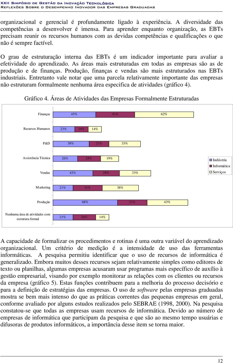 O grau de estruturação interna das EBTs é um indicador importante para avaliar a efetividade do aprendizado. As áreas mais estruturadas em todas as empresas são as de produção e de finanças.