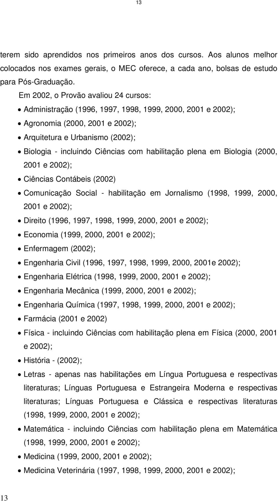 habilitação plena em Biologia (2000, 2001 e 2002); Ciências Contábeis (2002) Comunicação Social - habilitação em Jornalismo (1998, 1999, 2000, 2001 e 2002); Direito (1996, 1997, 1998, 1999, 2000,