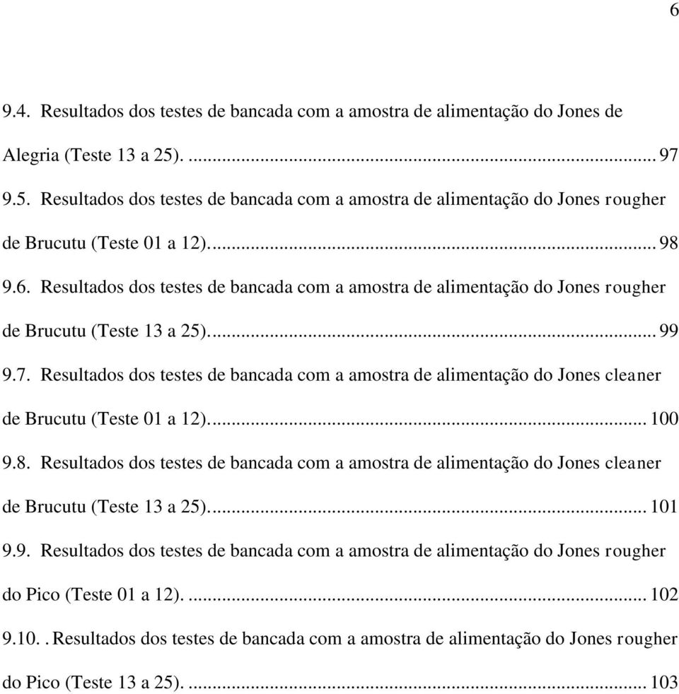 Resultados dos testes de bancada com a amostra de alimentação do Jones rougher de Brucutu (Teste 13 a 25).... 99 9.7.