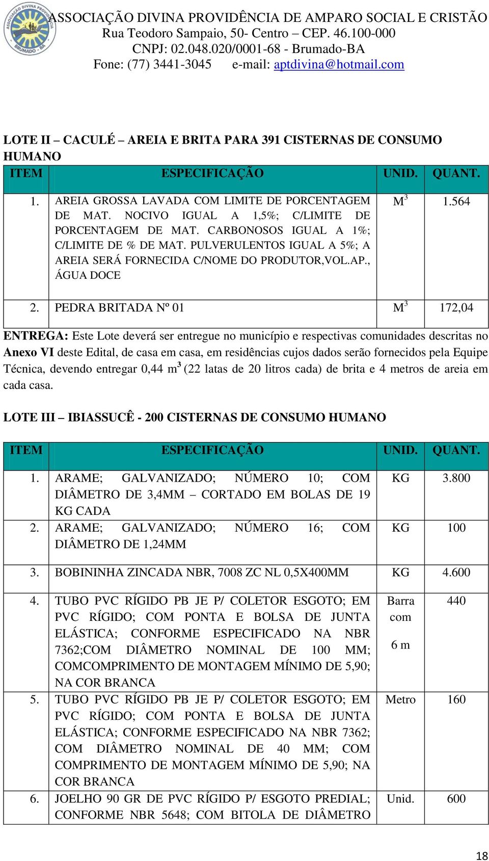 PEDRA BRITADA Nº 01 M 3 172,04 ENTREGA: Este Lote deverá ser entregue no município e respectivas comunidades descritas no Anexo VI deste Edital, de casa em casa, em residências cujos dados serão