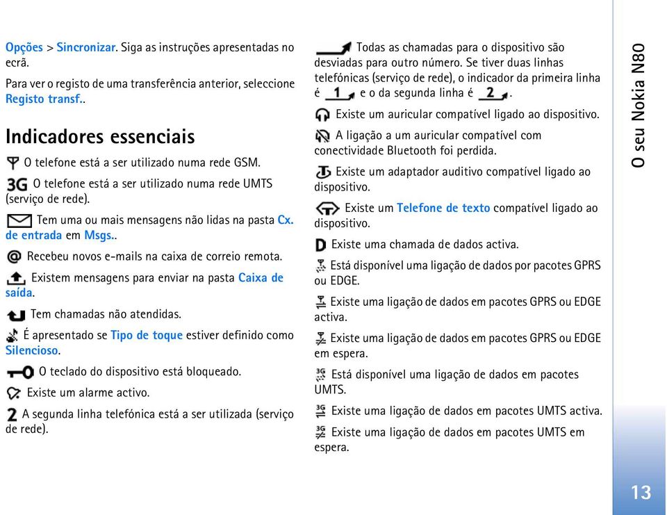 de entrada em Msgs.. Recebeu novos e-mails na caixa de correio remota. Existem mensagens para enviar na pasta Caixa de saída. Tem chamadas não atendidas.