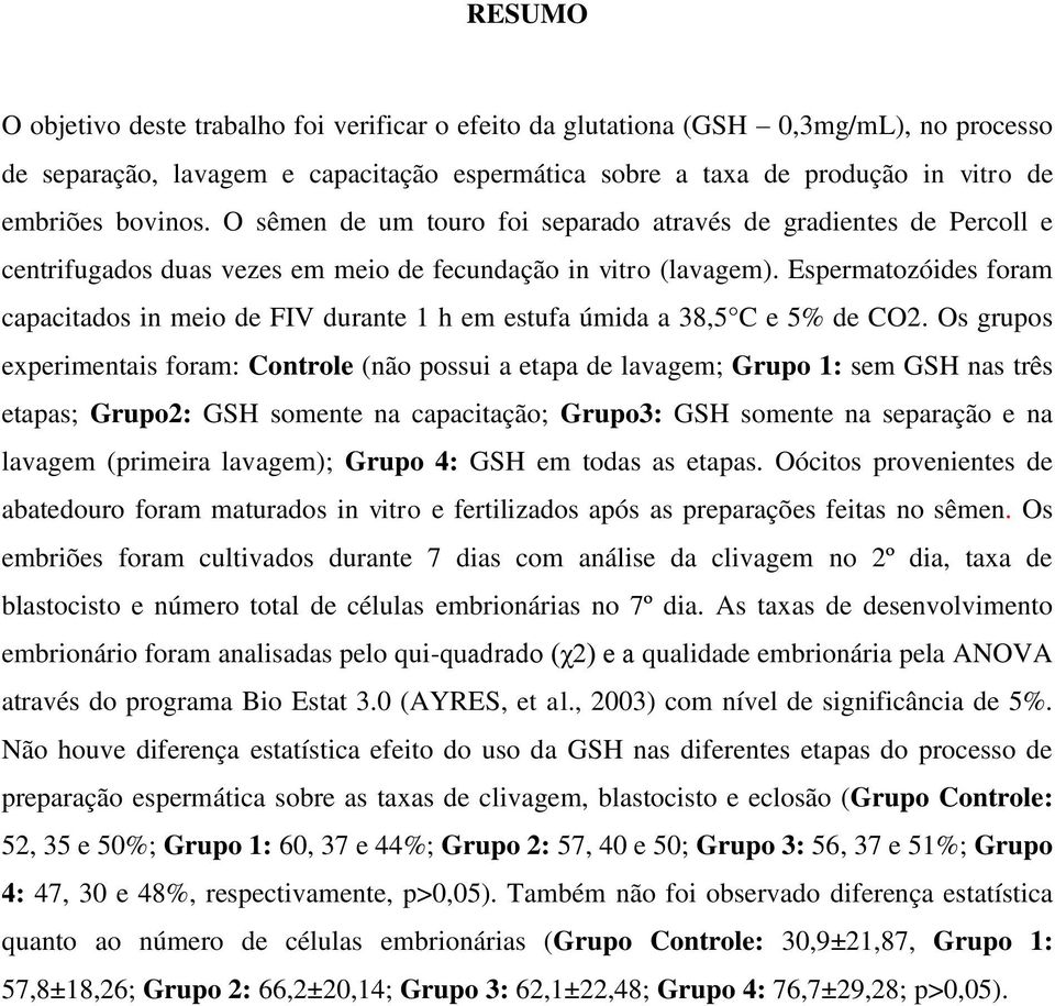 Espermatozóides foram capacitados in meio de FIV durante 1 h em estufa úmida a 38,5 C e 5% de CO2.