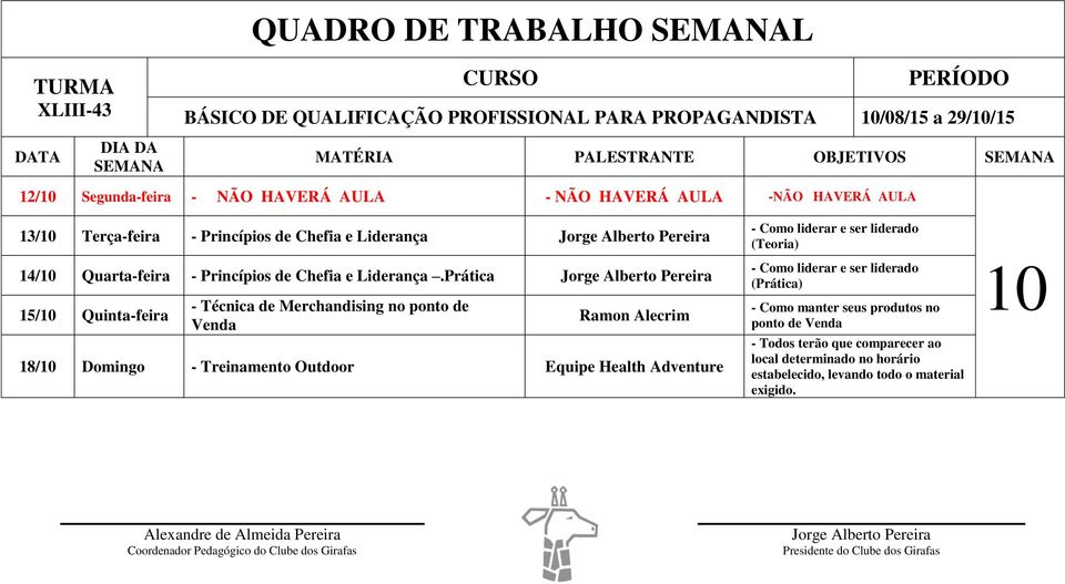 Prática 15/10 Quinta-feira - Técnica de Merchandising no ponto de Venda Ramon Alecrim 18/10 Domingo - Treinamento Outdoor Equipe Health Adventure - Como