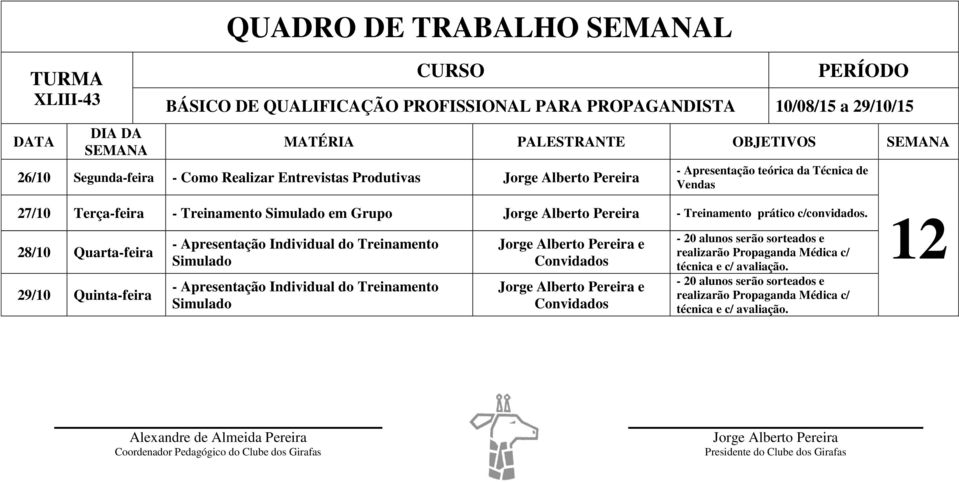 28/10 Quarta-feira 29/10 Quinta-feira - Apresentação Individual do Treinamento Simulado - Apresentação Individual do Treinamento Simulado e