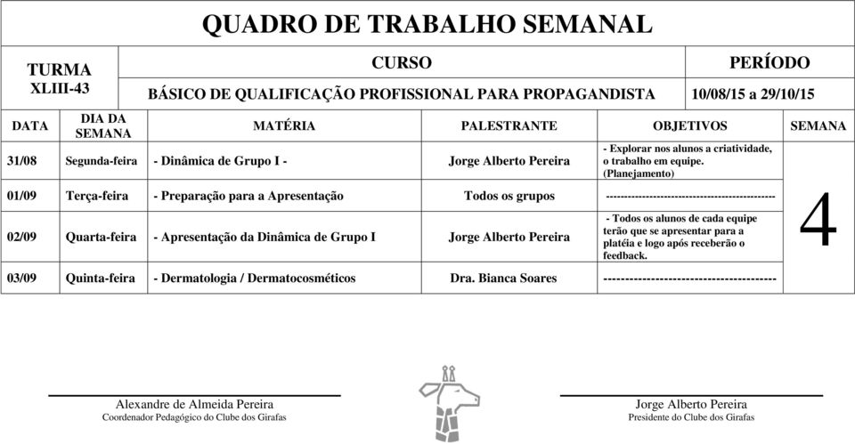 (Planejamento) 01/09 Terça-feira - Preparação para a Apresentação Todos os grupos ----------------------------------------------- 02/09