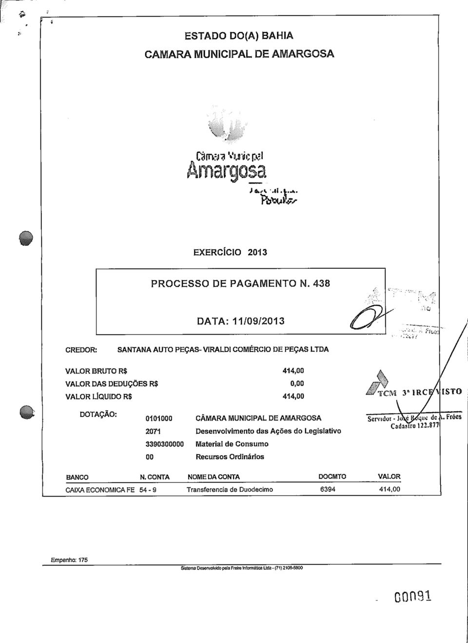 DOTAÇÃO: 0101000 CÂMARA MUNICIPAL DE AMARGOSA 2071 Desenvolvimento das Ações do Legislativo 3390300000 Material de Consumo 00 Recursos