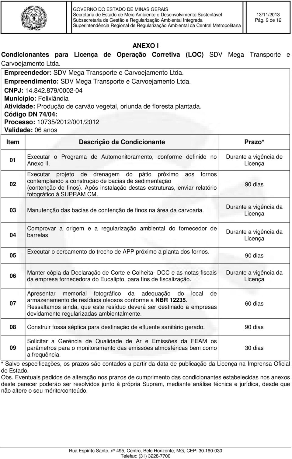 Código DN 74/04: Processo: 10735/2012/001/2012 Validade: 06 anos Item Descrição da Condicionante Prazo* 01 02 Executar o Programa de Automonitoramento, conforme definido no Anexo II.