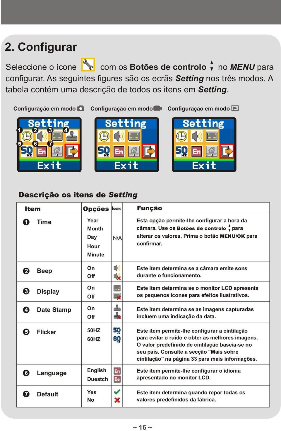 Configuração em modo Configuração em modo Configuração em modo Descrição os itens de Setting Item Opções Ícone Função Time Year Month Day Hour Minute N/A Esta opção permite-lhe configurar a hora da