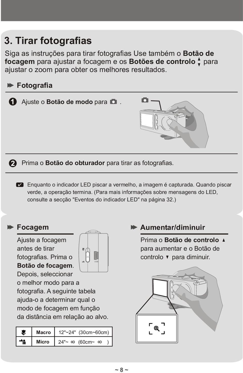 (Para mais informações sobre mensagens do LED, consulte a secção "Eventos do indicador LED" na página 32.) Focagem Ajuste a focagem antes de tirar fotografias. Prima o USB Botão de focagem.