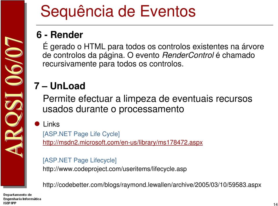 7 UnLoad Permite efectuar a limpeza de eventuais recursos usados durante o processamento Links [ASP.