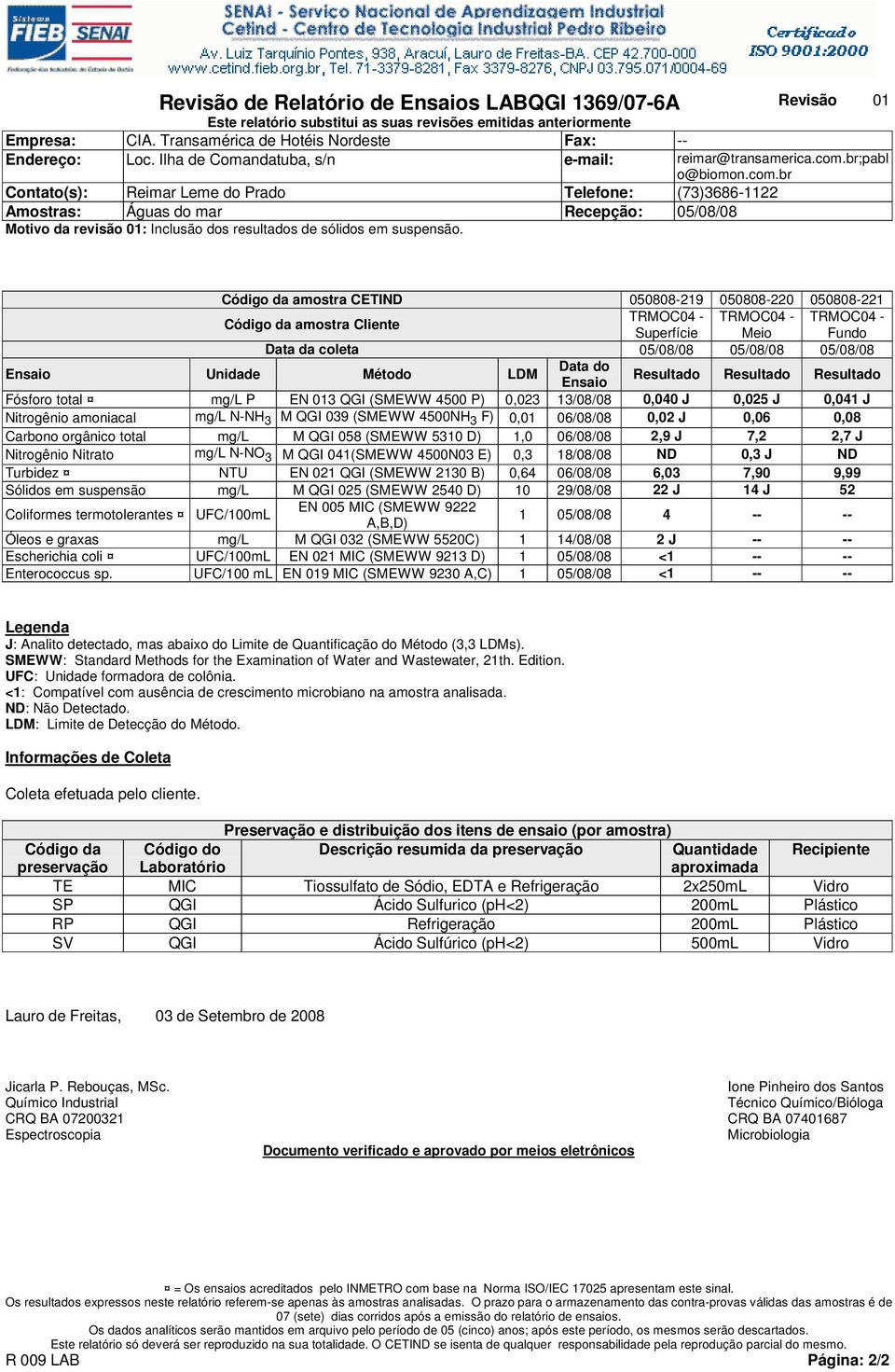 Código da amostra CETIND 050808-219 050808-220 050808-221 TRMOC04 - TRMOC04 - TRMOC04 - Superfície Meio Fundo Data da coleta 05/08/08 05/08/08 05/08/08 Unidade Método LDM Resultado Resultado