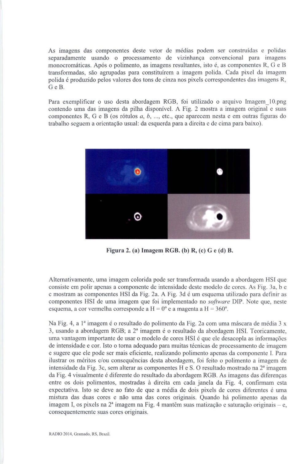 Cada pixel da imagem polida é produzido pelos valores dos tons de cinza nos pixels correspondentes das imagens R, GeB. Para exemplificar o uso desta abordagem RGB, foi utilizado o arquivo lmagem_io.