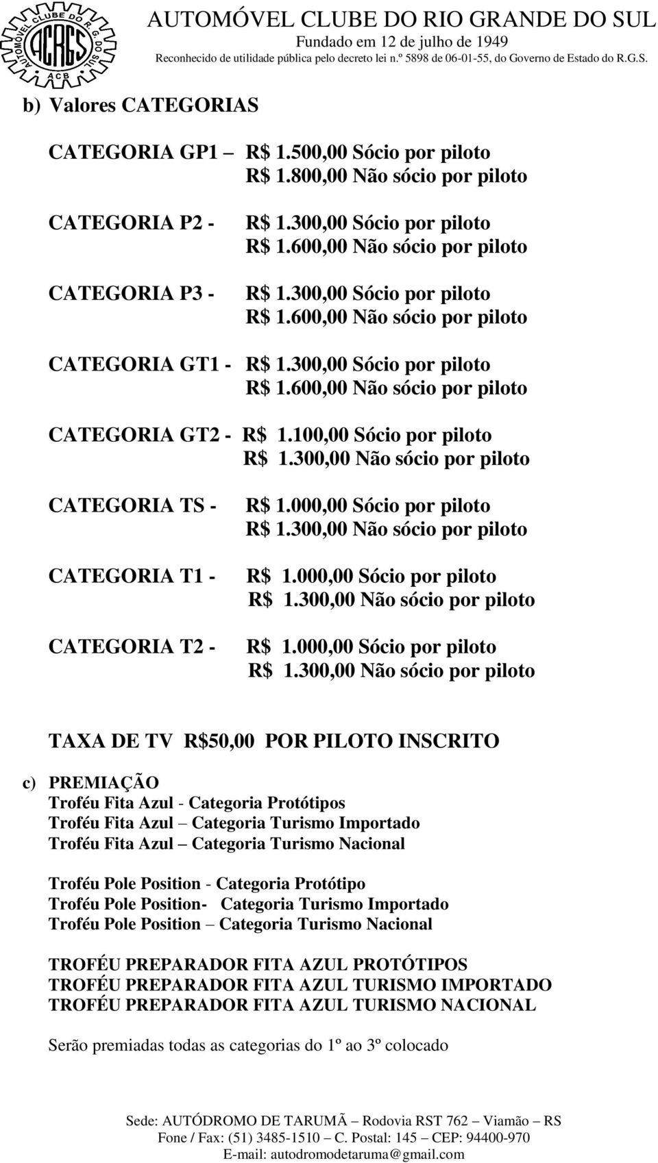 100,00 Sócio por piloto R$ 1.300,00 Não sócio por piloto CATEGORIA TS - CATEGORIA T1 - CATEGORIA T2 - R$ 1.000,00 Sócio por piloto R$ 1.